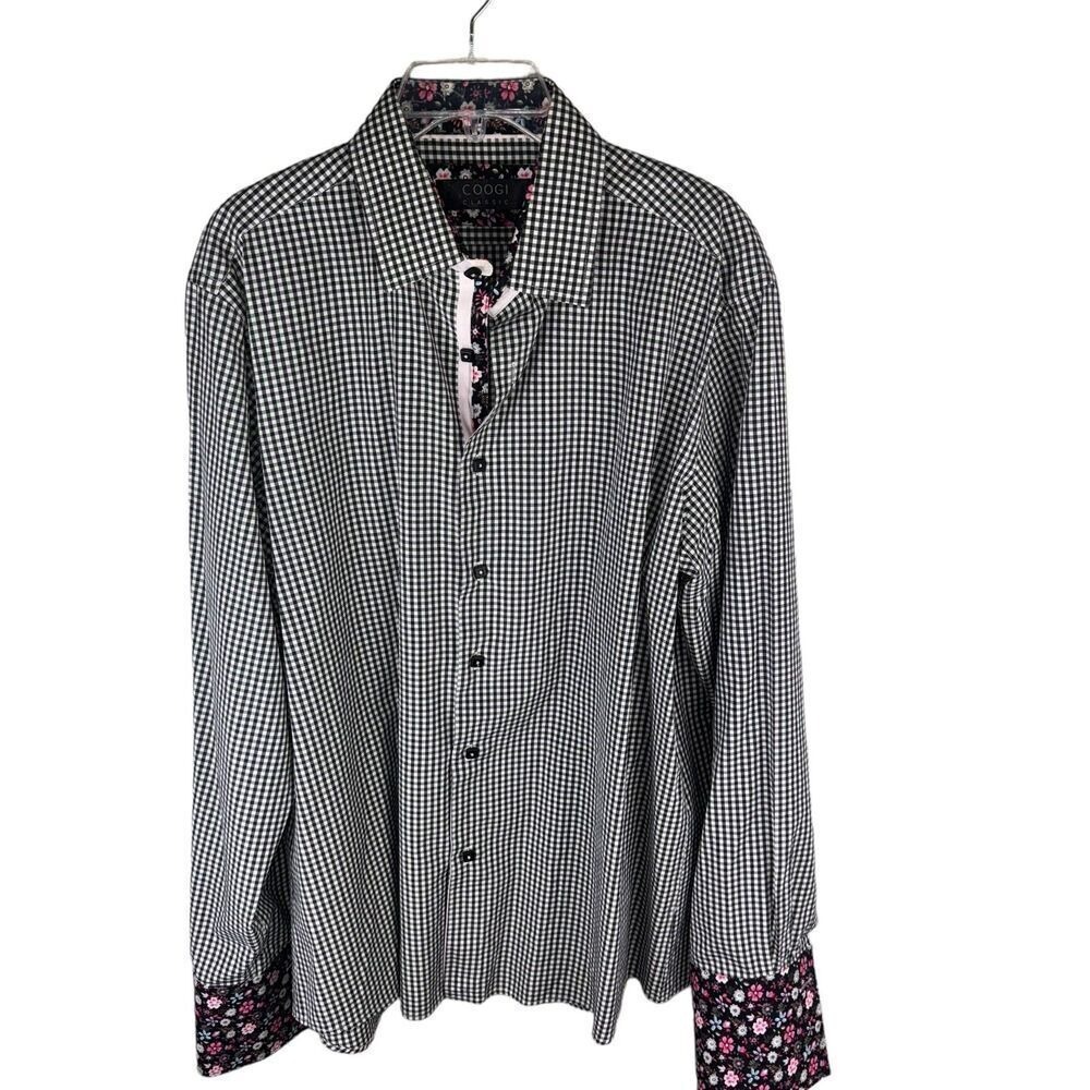 Coogi Classic Mens Gingham Button Down‎ Shirt Black White Floral Trim XL